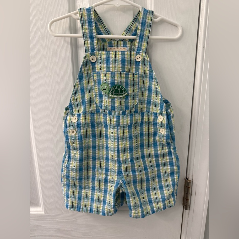 Toffee apple gingham overall outfit one piece romper turtle appliqué 2T